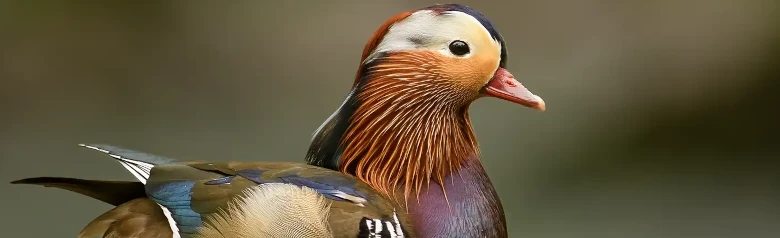 Mandarijneend. Extreem kleurrijke vogel met bruine, blauwe, groene, paarse, roodachtige en witte details.
